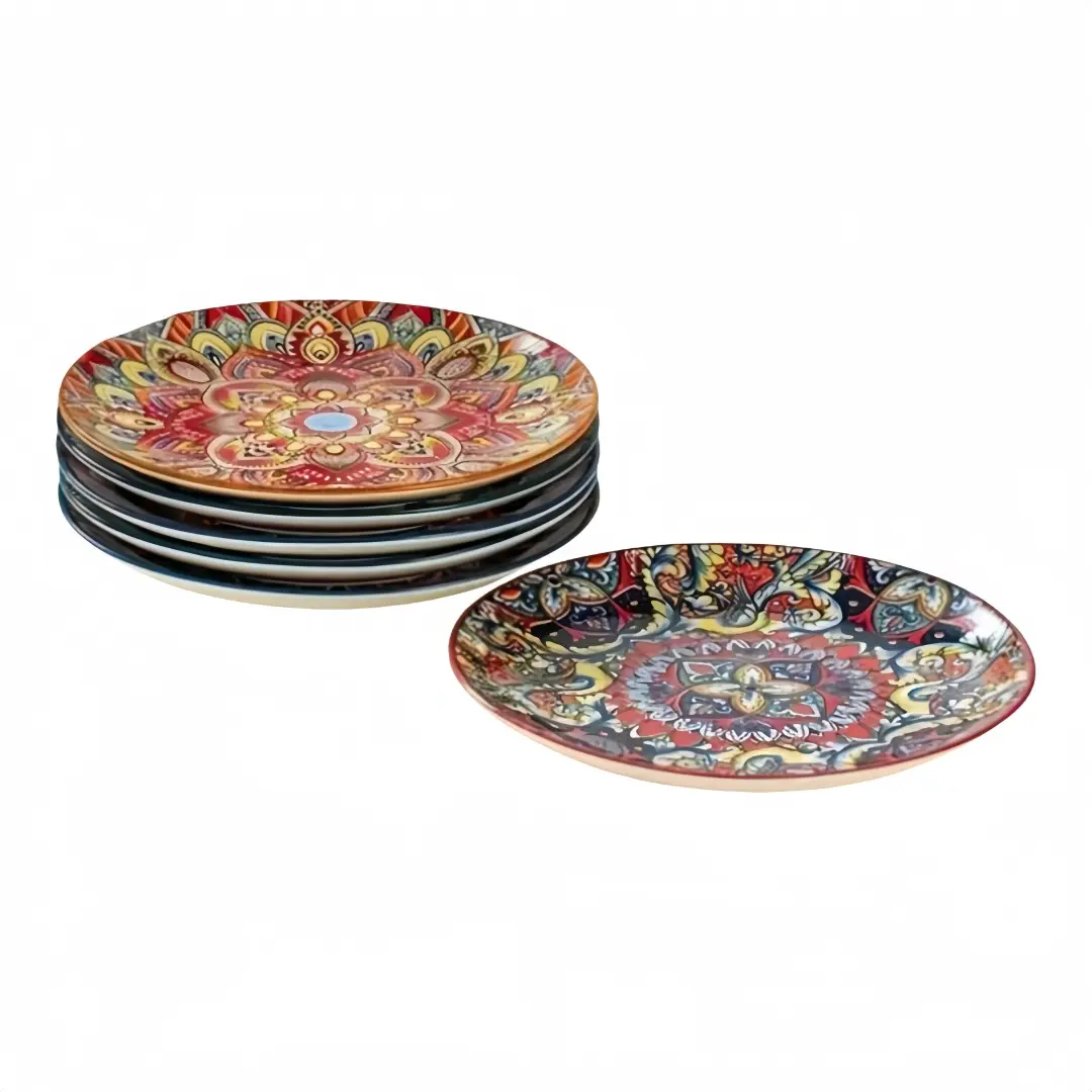 Boho Style Ceramic Plate, 4 Counts/set Colorful Geometric Pattern Dinner Plate, Decorative Plate for Home Kitchen Party, Festive Dinnerware, Dining Plate Set