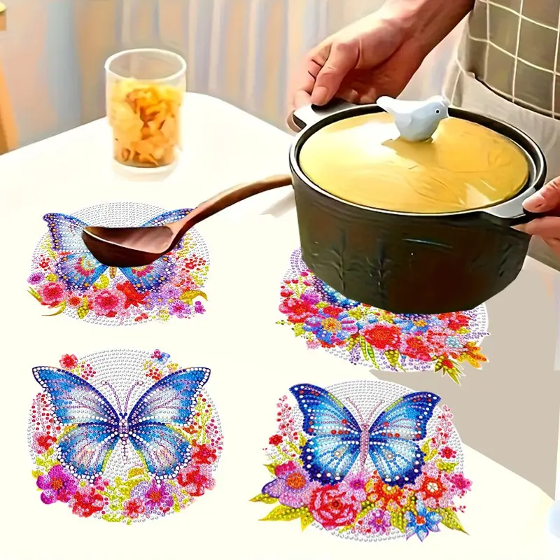 4-Piece Butterfly Pattern Wooden Diamond Placemats, DIY Crystal Diamond Art Heat-Resistant Table Mats, Mosaic Craft Kit for Home Holiday Decor