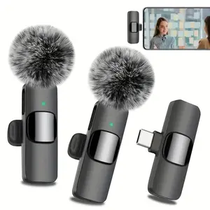 Wireless lavalier microphone with Type-C charging port 60mAh rechargeable lithium battery Volume control Plug and play clip-on design and two microphone windscreens for noise reduction Suitable for video recording live streaming