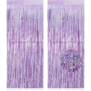 2 Pack Foil Fringe Curtain Backdrops Door Streamers for Birthday Wedding Bridal Shower Holiday Graduation Party Decorations Photo Booth Backdrops Glitter Light Purple