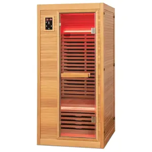 Goplus 1-2 Person Far Infrared Wooden Sauna Room, Canadian Hemlock Indoor Low EMF Sauna with Oxygen Ionizer, 9 Carbon Heaters, 4 Light Strips, Tempered Glass Door, Personal Sauna for Home