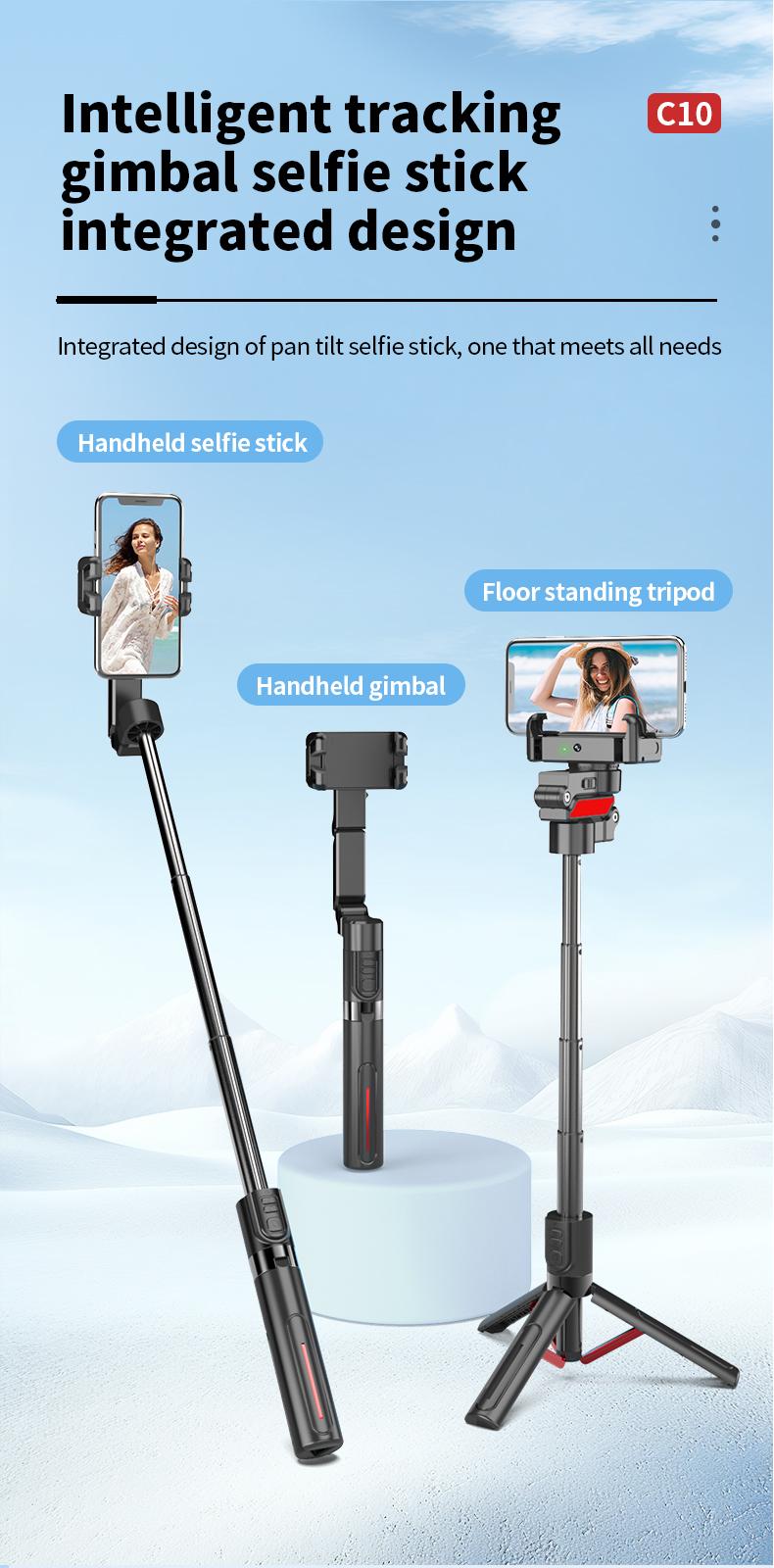AI Auto Tracking Gimbal Stabilizer, Smart Selfie Stick Tripod with Gesture Control, Anti-Shake Phone Mount, 1000mAh Battery, Aluminum Alloy Vlogging Stand for iPhone & Android