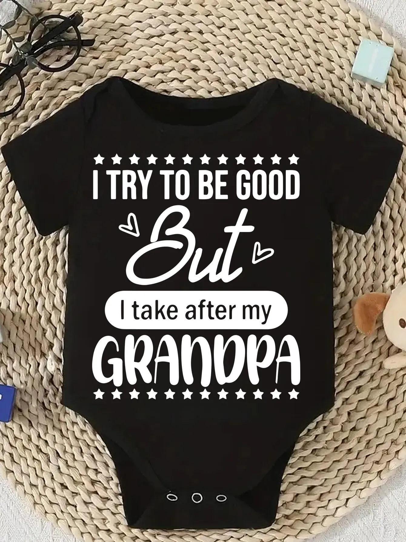 Cute Baby Bodysuit With I Try To Be Good But I Take After My Grandpa Print Soft Versatile Round Neck Button Detail Regular Fit All Seasons Knitted Fabric Onesie Weather Snaps