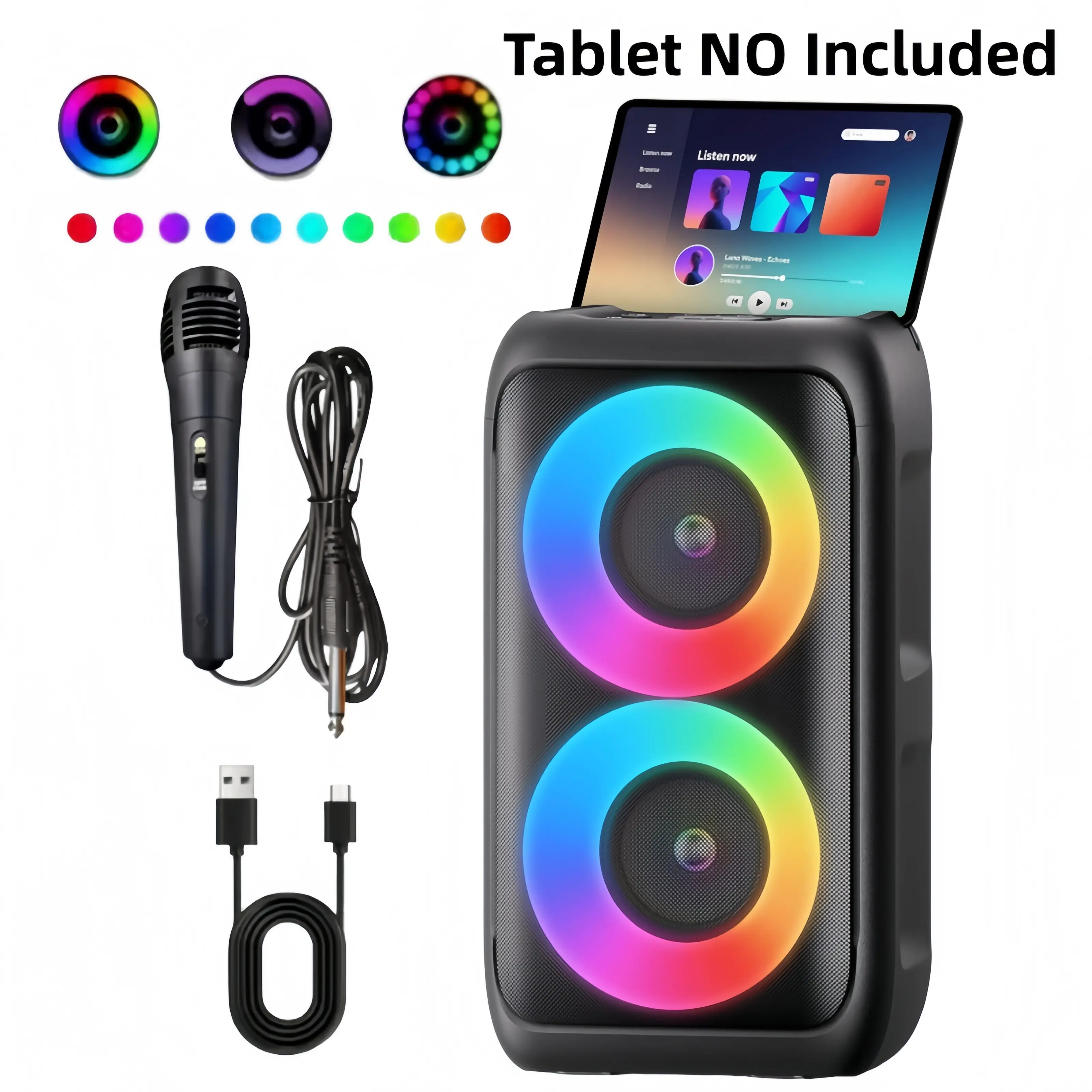 Portable Bluetooth Party Speaker with Dual 10W Drivers, Dynamic RGB Lights, TWS Stereo, Wired Microphone, Supports USB/TF/AUX for Karaoke, Home & Outdoor Parties