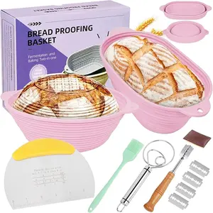 Neddie Silicone Banneton Bread Proofing Baskets - 9 Inch Round & 10 Inch Oval Foldable Baking Basket for Bread Making Utensils, Complete Set Bakeware