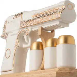 MERCURY CERAMIC Gun Shaped Whiskey Decanter Set 18 Oz with 3 Bullet Shot Glasses and Wooden Stand – Handmade Tequila Bottle, Liquor Dispenser for Home Bar Decor – Unique Elegant Birthday Gift for Dad Men Boyfriend Husband - Regalos para Papa Hombre Amigo