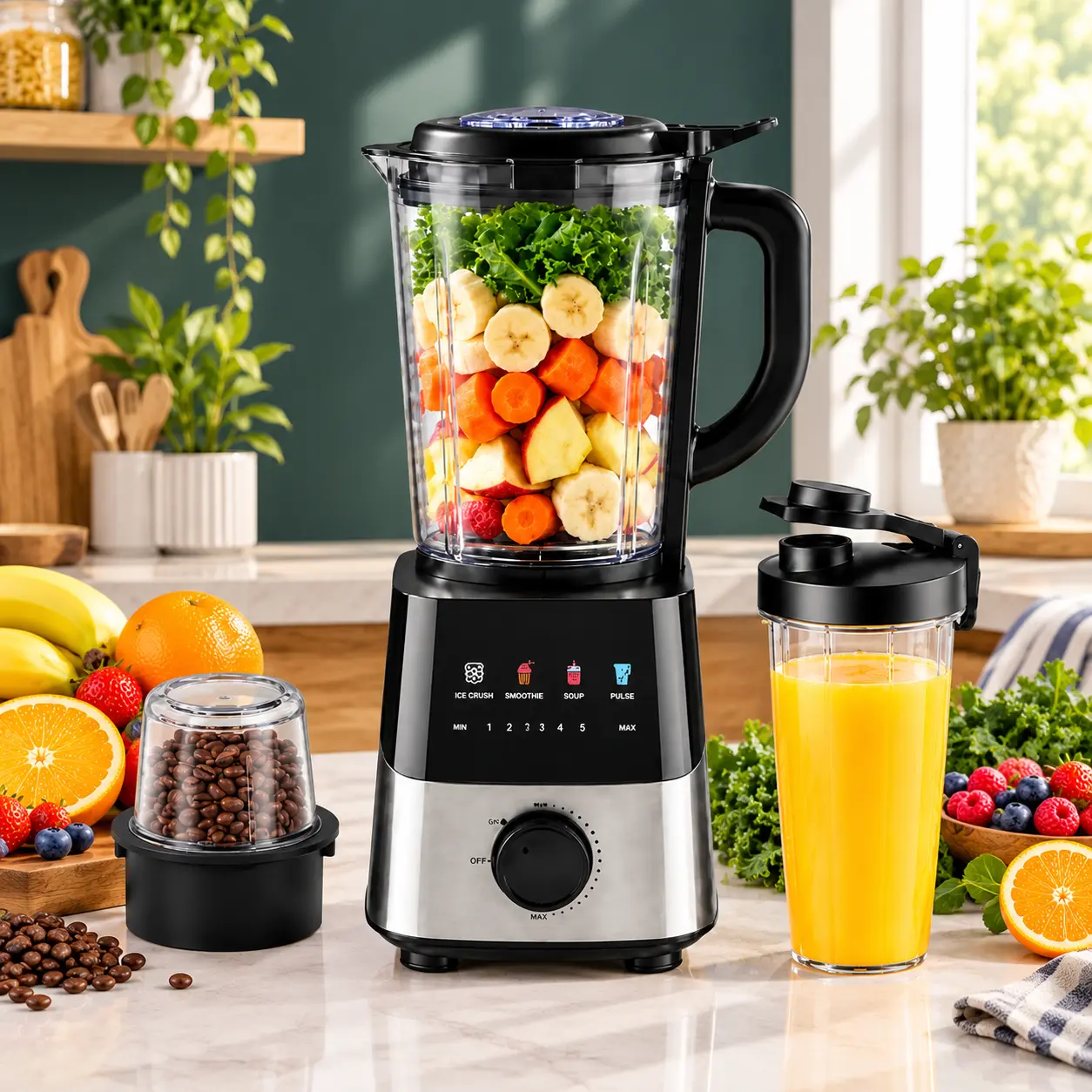 Behome Blender with Grinder, Stepless Speed & 4 Functions, 600W Blender for Smoothies with 50 Oz Glass Jar, Self-Cleaning Blenders for Kitchen, Black