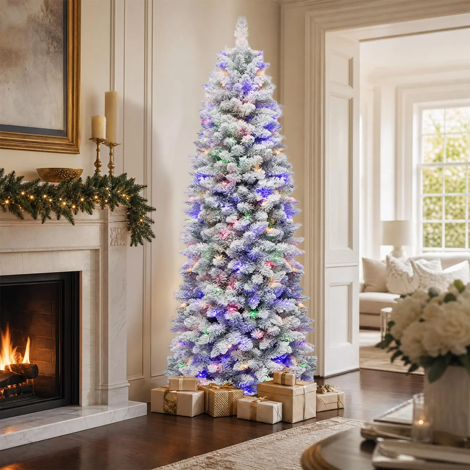 7.5ft Prelit Slim Flocked Christmas Tree with 240 Multicolor LEDs | 730 Branches Tips, 9 Lighting Modes, Hinged Design and Sturdy Metal Stand