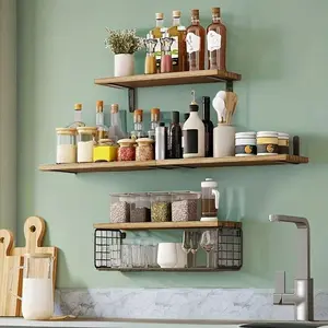 Wall Mounted Wooden Bathroom Shelf, Kitchen Storage Basket, Iron Grid Organizer, Modern Simple Style, Original Wood Color, 1 Set