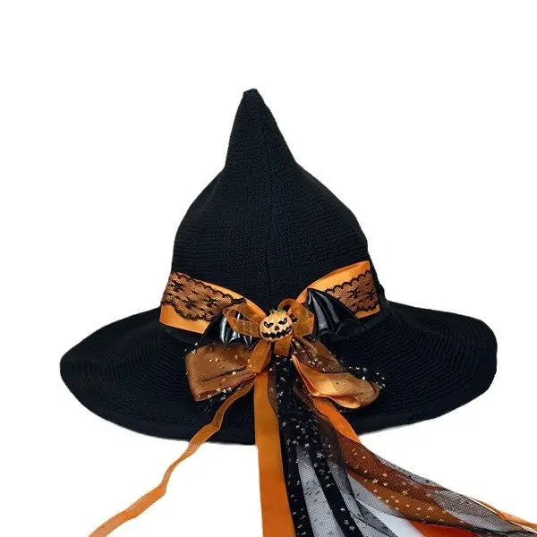 Halloween Bowknot Pumpkin Decoration Wizard Cap Wide Brim Conical Shape Witch Hat Head Accessories with Orange Ribbon and Bat Design - Masks