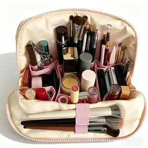 Women's On-the-Go Spacious Travel Makeup Bag, Foldable Waterproof Cosmetic Case With Separated Brush Slots & Sturdy Zipper Multi-Layer Storage Compartments