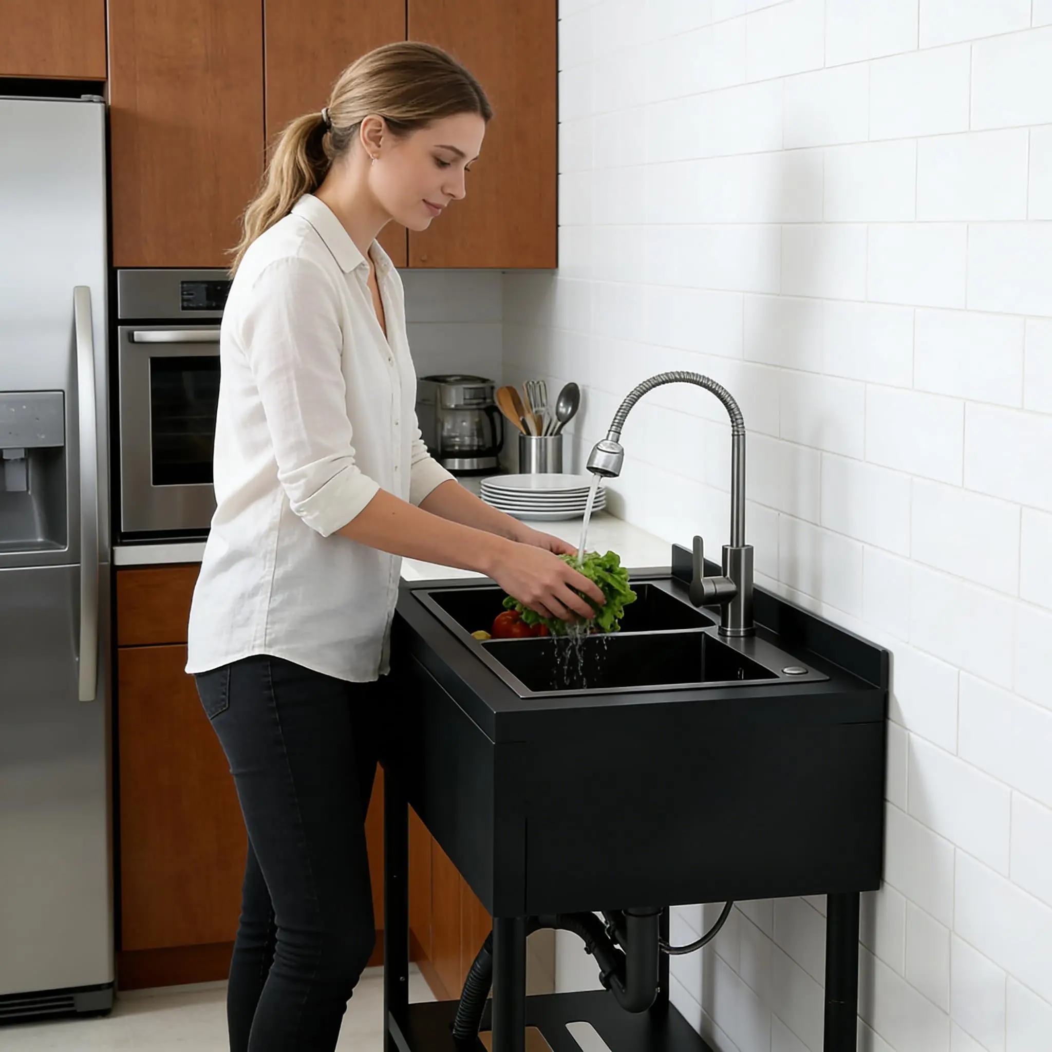 Robust Freestanding Stainless Steel Metal Kitchen Sink, Built-In with Countertop, Adjustable Pull-Out Hot-Cold Water Faucet, Storage Shelf, S-Hooks for Cleaning, Washing - Versatile for Kitchen, Garden Use, Laundry Room
