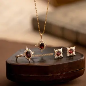 Claire Garnet Diamond Jewelry Set, Delicate Gemstone Earrings Necklace and Ring Set, 14K Gold Vermeil Sterling Silver, Anniversary Gift