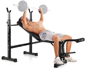 Foldable Weight Bench with Squat Rack, Adjustable Weight Bench, Strength Training Bench Press, Leg Extensions and Leg Curls, Home Gym Olympic Weight Bench Set