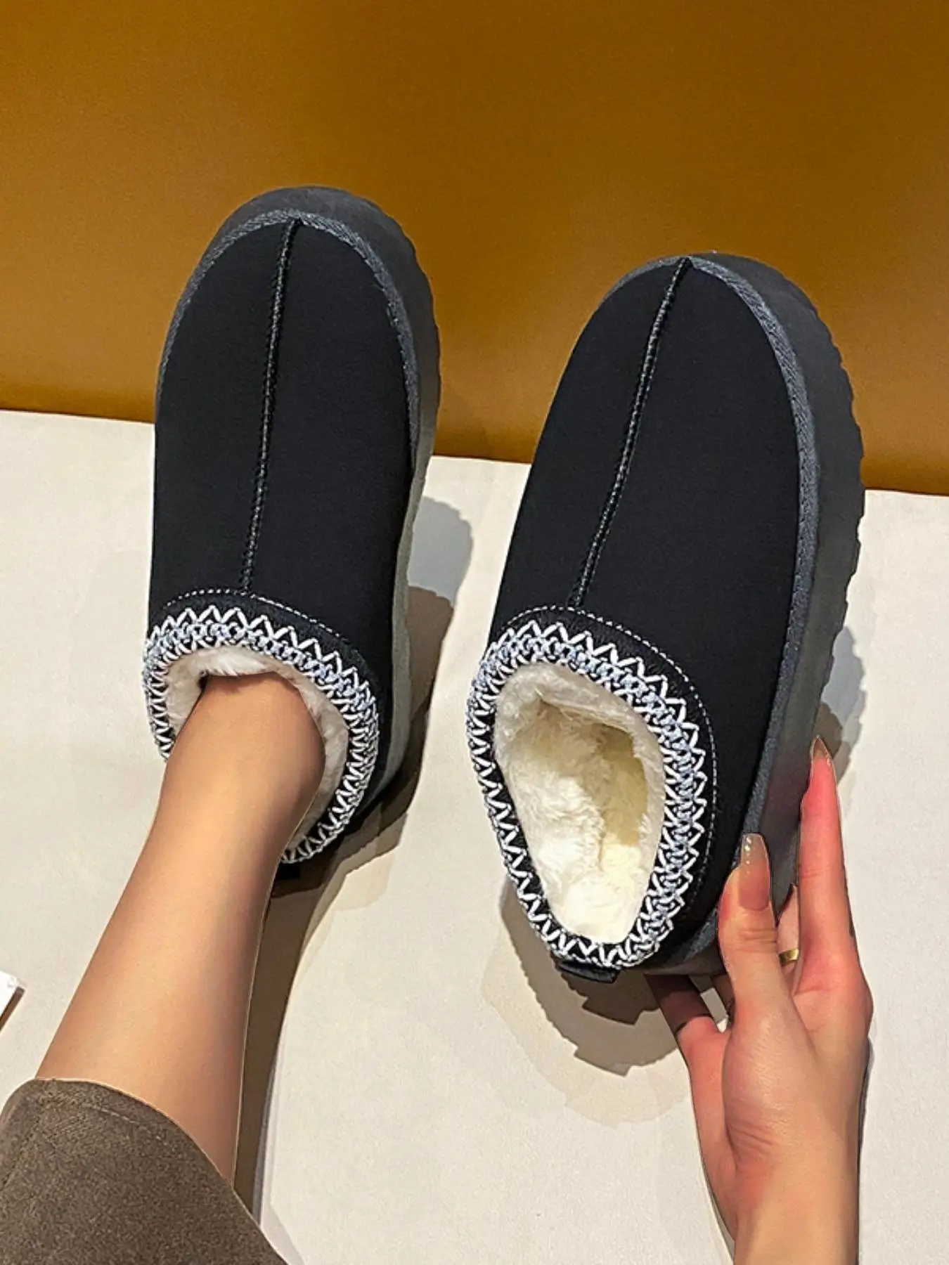 Women's Solid Plush Lining Snow Boots, Casual Comfortable Non-slip Home Slippers, Fluffy Winter House Winter Shoes for Indoor and Outdoor