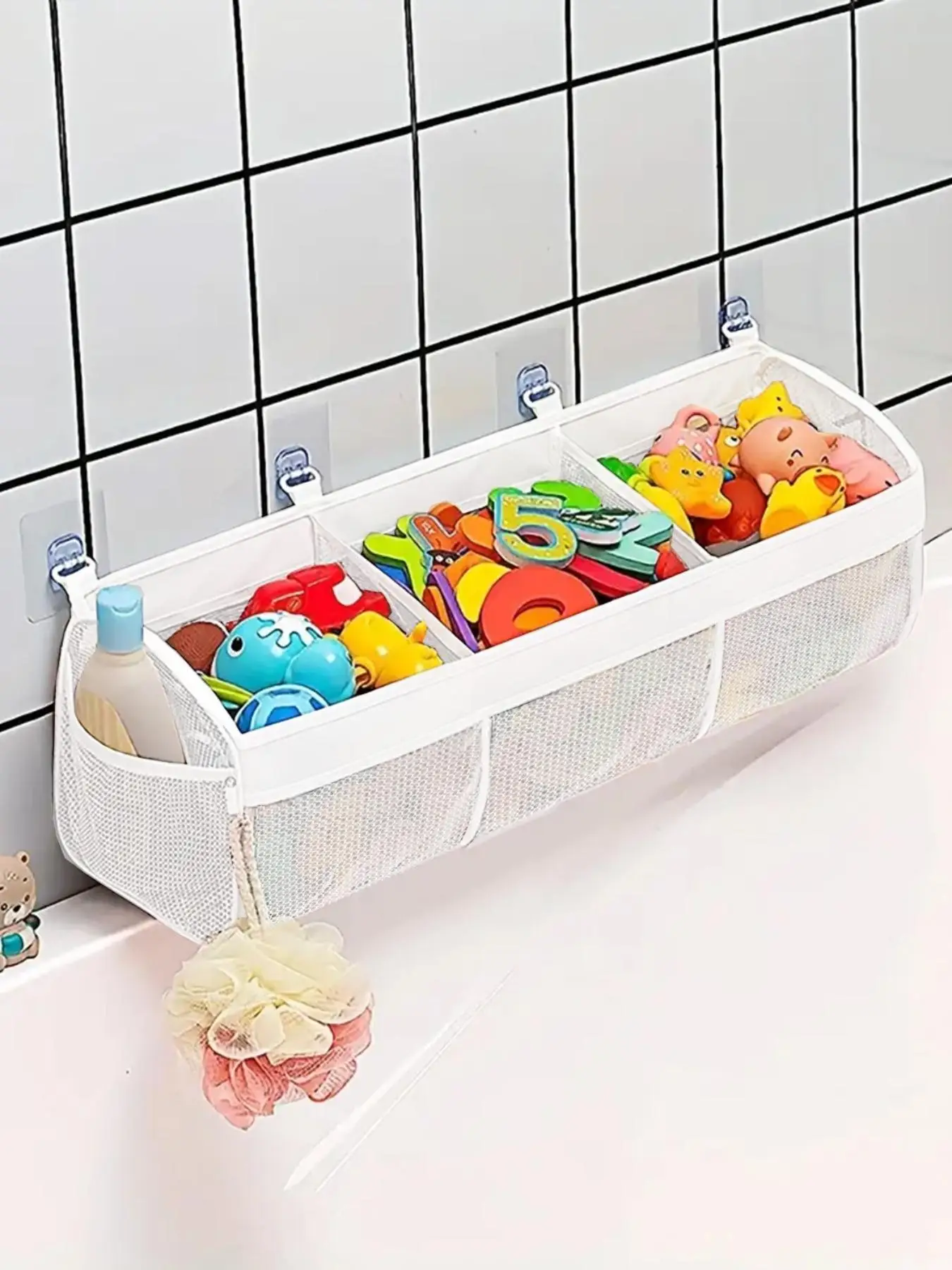 3-compartment Large Opening Baby Mesh Bathroom Toy Storage Bag, Super Large Capacity and Large Opening, Bathroom Toy Holder, Toiletry Bag with 2 Side