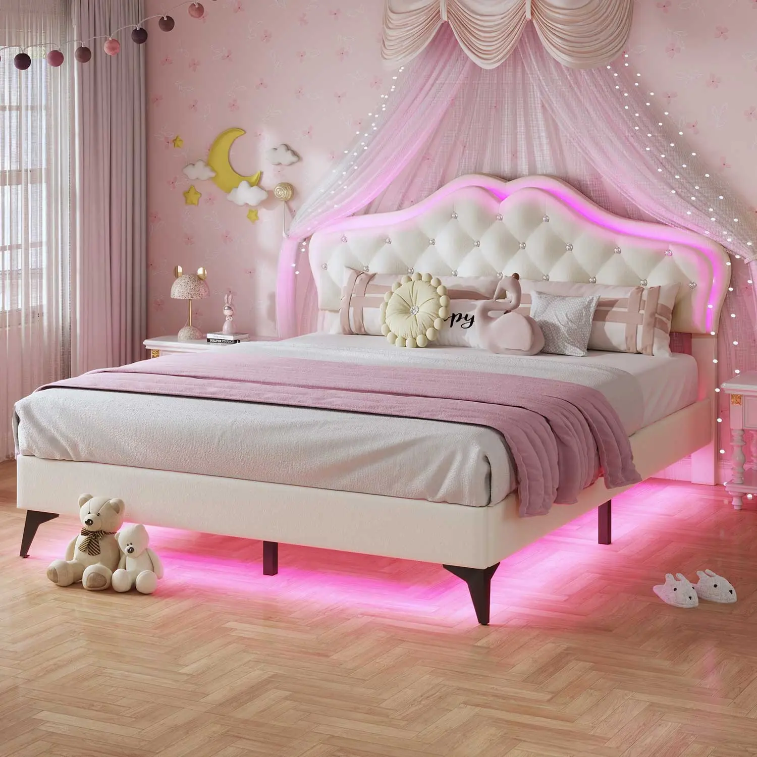 SIKAIC Queen Size Bed Frame - Creamy White Velvet Upholstered Piece with Adjustable Crystal Headboard, RGB LED Lights, Solid Wood Slats, Easy Assembly (Fits Full Size Beds), Bed Frames