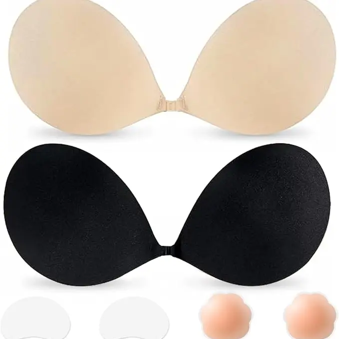 Nsolex Women's Backless Sticky Bra Inserts & Padding [2-Pair Set] - Reusable Push-Up Breathable Cotton Bra, Nude+Black Adhesive Fabric, Instant Lift Underwear for Tank Tops, Bridal Events, Waterproof, Sweat-Proof, Hand Wash Only