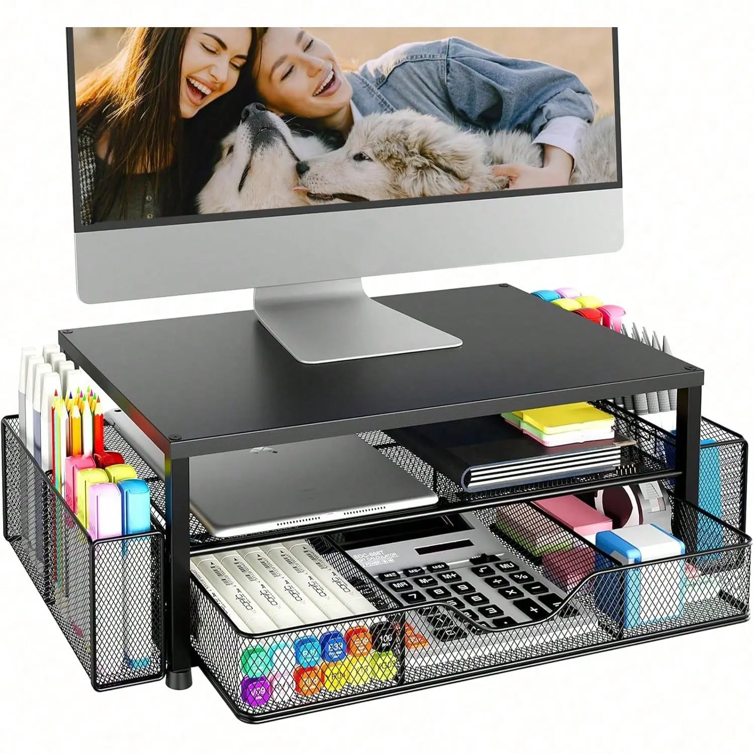 Black 2-Tier Computer Monitor Stand Riser - With Drawer, 2 Pen Holders, Office Accessories, Desk Organizer for Home, Office Use