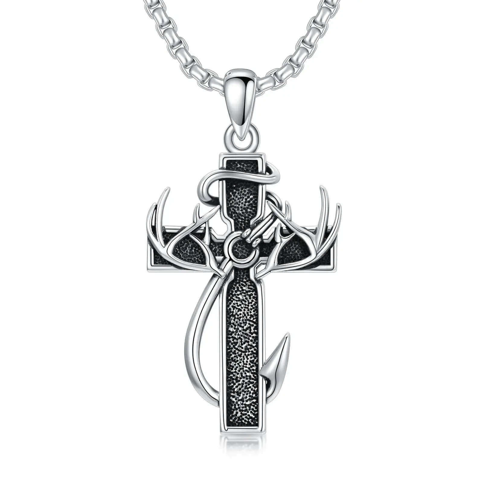 silver cross antler necklace, special version can hold ashes,Autumn New Arrival, graduation gift, boys American cross antler necklace stainless steel chain, inspirational Bible verse cross pendant, personalized Christian gift for men