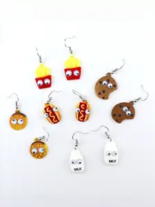 Fun Resin Burger Hot Dog Cookie French Fries Earrings, Moving Eyes Ear Hooks, 5 Pairs Set, Cute Food Play Jewelry