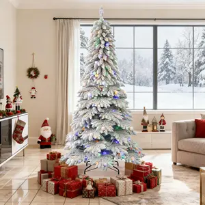 6 FT Snow-Flocked Christmas Tree, Artificial Holiday Hinged Pine Tree,Featuring 300LED Lights,Solid Metal Stand, Premium Full Fake Tree for Home, Office, and Party Decorations