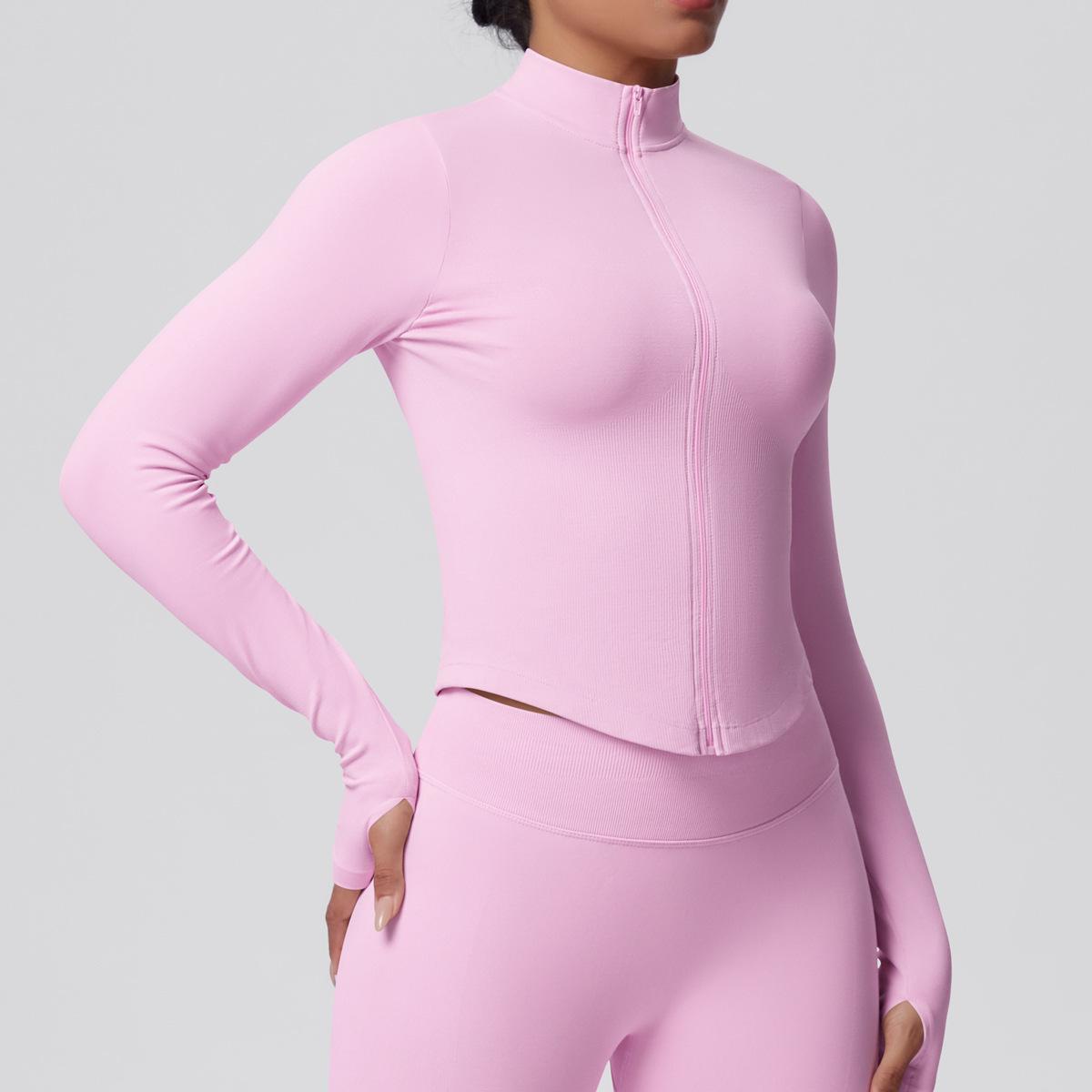 Women's Ribbed Cropped Yoga Jacket, Breathable Long Sleeve Zip-Up Compression Activewear with Thumb Holes for Gym & Running, Plus Size, Female, Large, Normal Type, Thumbhole Cuff, Tight, Slim-Fitting, Stretchable, Thumbholes, Slim Fit, Stretch Fabric