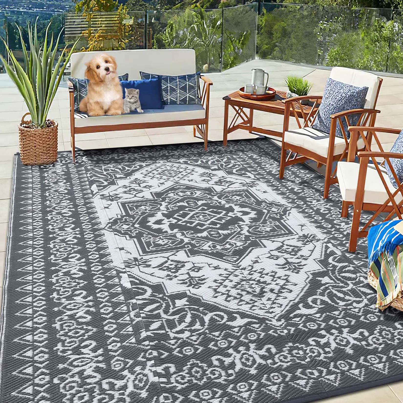Outdoor Rug Patio Waterproof Rug Vintage Floral Camping Rug Double-sided Plastic Straw Rug Waterproof Mat for RV Deck Beach Balcony Courtyard Picnic