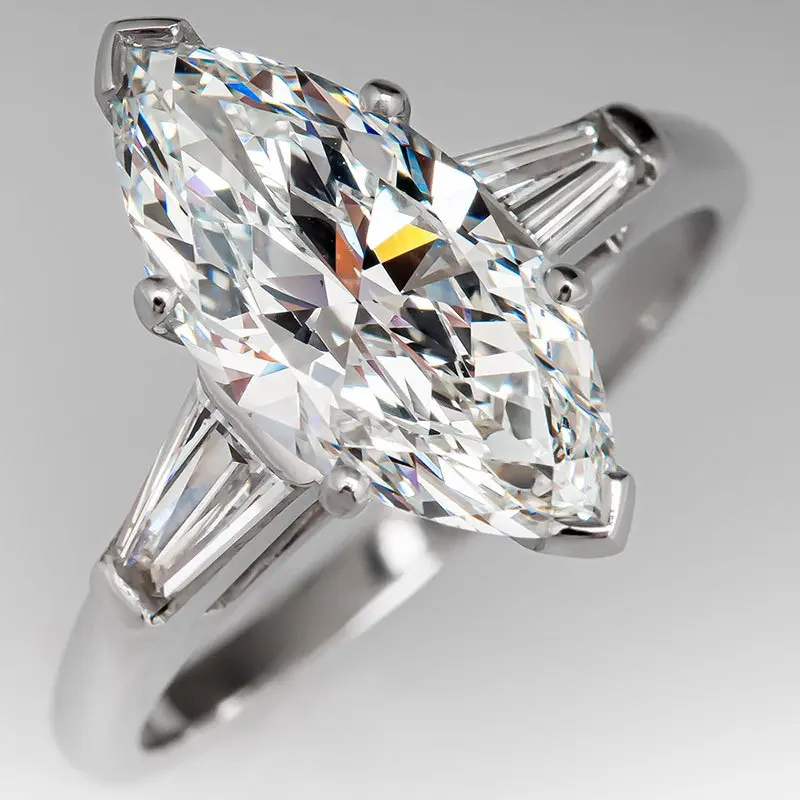Premium 5A Marquise CZ Ring |   14K White Gold Plated Baguette 3-Stone Band |   Timeless Anniversary & Proposal Gift