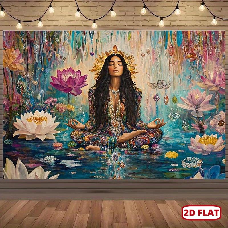 2D Flat Mystical Meditation Lotus Tapestry Vibrant Spiritual Wall Art with Serene Woman in Pose Colorful Flowers Butterflies Perfect for Christmas New Year Special Occasions Polyester Decor