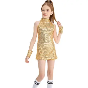 Girls Sequins Dance Clothes Dress 4-14 Yrs Sparkle Hip Hop Jazz Dance Outfit, Sleeveless Top and ShortsGift