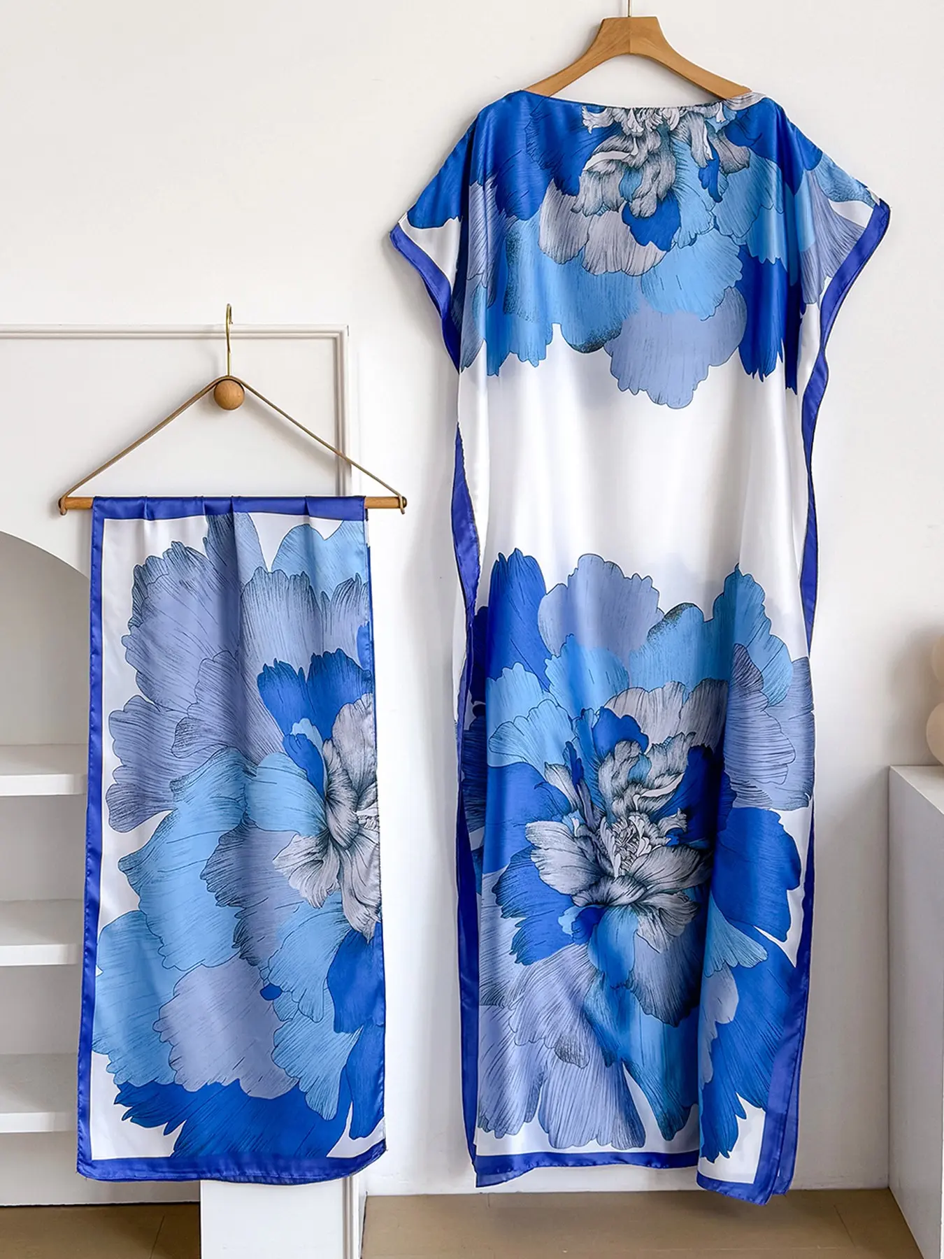 Elegant Long Robe Set with Multicolor Floral Print Shawl, Moomoo Dress + Headscarf Scarf Hairband for Women Summer Casual Boho Bohemian Beach Sun Protection Satin Silk Womenswear