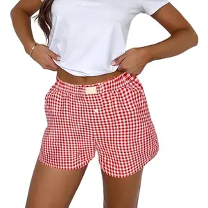 Lounge Plaid Shorts for Women Y2K Elastic High Waist Wide Leg Boxer Pajama Bottoms Chic pajamas Machine washable Pajamas Y2K Shorts womenswear Boxer shorts Casual Breathable