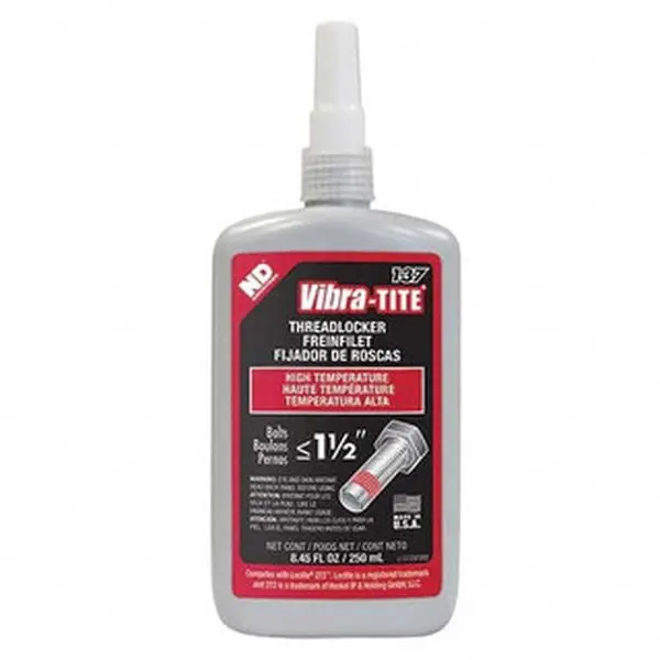 Vibra-Tite Series 137 High-Temp High-Strength Liquid Threadlocker - 250 mL Red Bottle, Model 13725, 24 hr Full Cure Time, Heat Removal Capability, No Pre-Cleaning Required