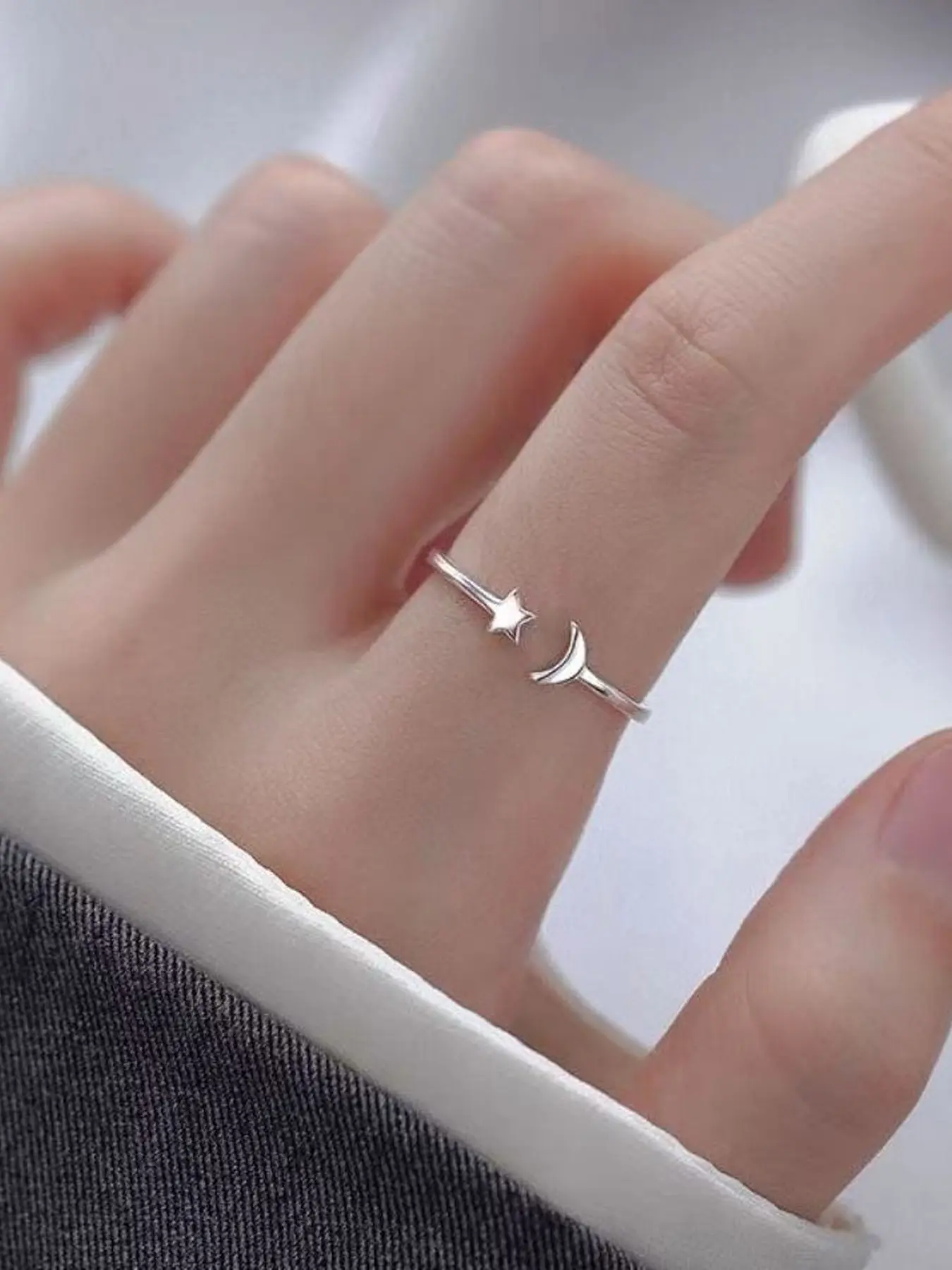 [Star And Moon Open Ring]Crescent Moon Star,Moon Star Open Ring,Fashion Promise Ring,Thin Minimalist Cute Tiny Open Tail Rings Dainty Adjustable Finger Promise Statement Small Ring Jewelry Gifts for Birthday Women Daughter, Dainty Stacking Rings