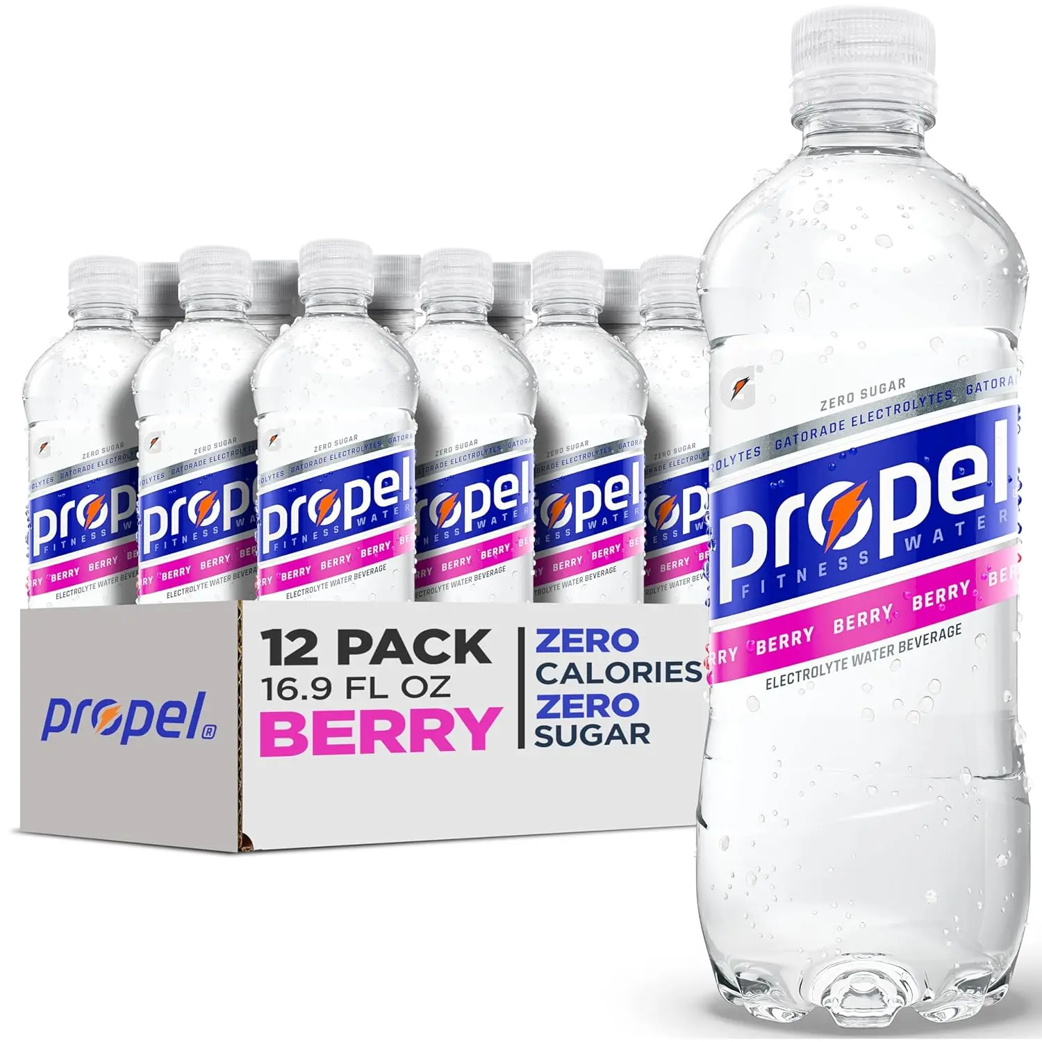 Electrolyte-Enhanced Sports Hydration Drink, Berry-Flavored 0-Calorie 0-Sugar Water with Vitamins C & E, 16.9 fl oz Bottles (12 Pack)