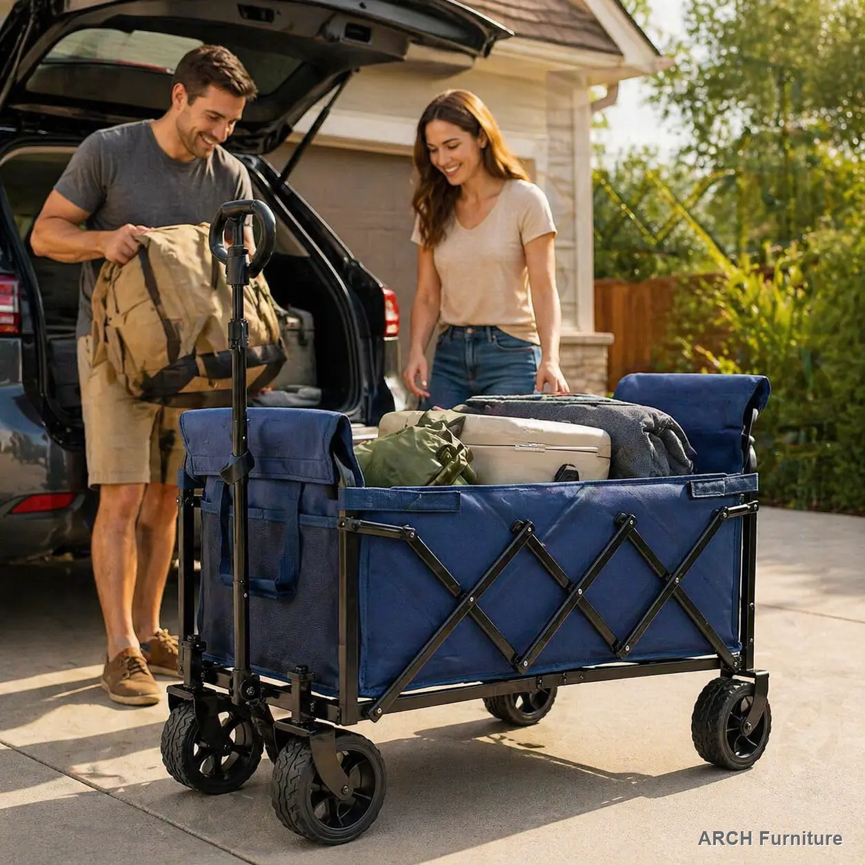Collapsible Foldable Wagon - Heavy-Duty Steel Frame Outdoor Utility Trolley with ARCH Upgraded 5x2 in Wide Wheels, Dual-Layer Bag, 100% Extra Space, 220lbs Capacity for Camping, Shopping, Dark Blue Folding Trolley