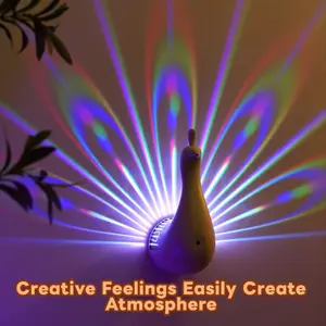 Peacock Projection Lamp, USB Rechargeable RGB Color Changing Ambient Light, Remote Control Wall Mounted Nightlight for Bedroom Living Room, Led Effects Rechargeable