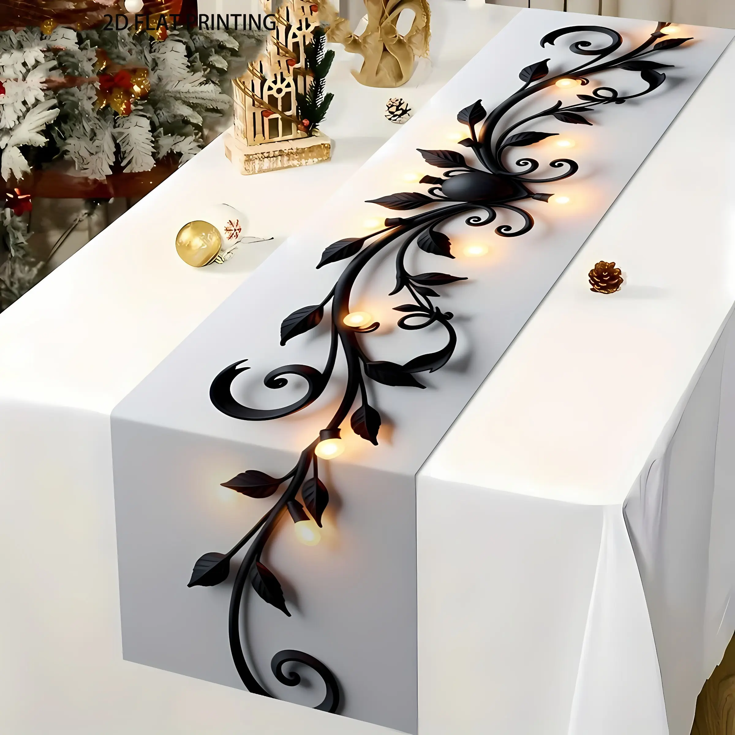 2D flat printing, black flower and warm light linen material table flag, linen table runner suitable for restaurants, coffee tables or dining tables, TV cabinets, festivals and family gatherings, Easy cleaning
