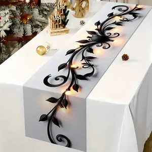2D flat printing, 1-piece table flag, black flower and warm light linen table flag suitable for decorating tablecloths in restaurants, coffee tables or dining tables, TV cabinets, festivals and family gatherings, easy to clean