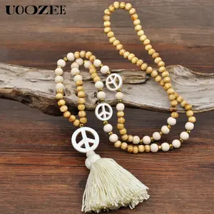 UOOZEE Women's Boho Wooden Beaded Tassel Necklace(Only), Handmade Bohemian Peace Symbol Turquoise Shell Long Necklace Pendant Sweater Chain