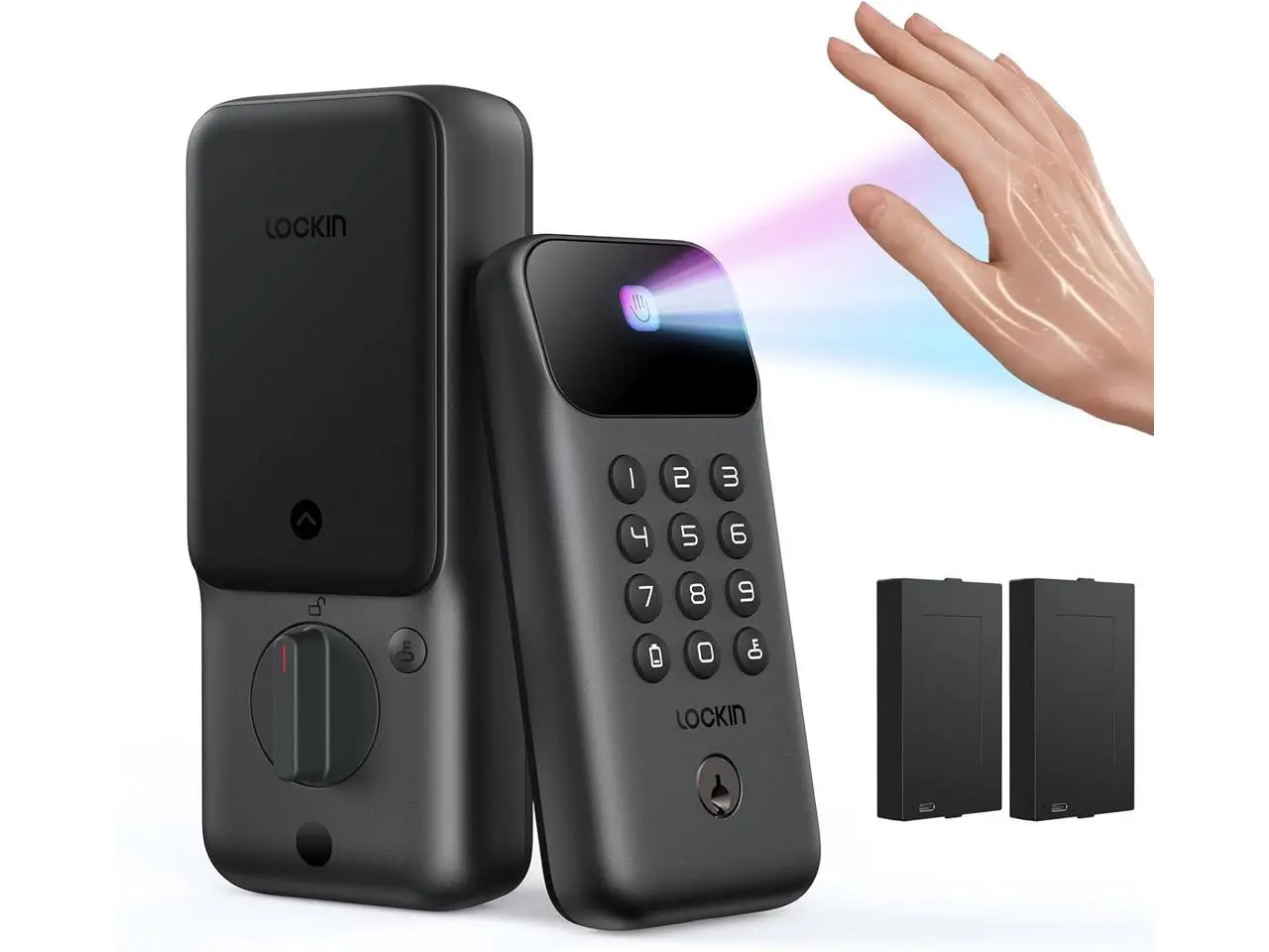 Lockin Veno Go - Smart Lock - Palm Vein Keyless Entry Door Lock - 5 Unlock Methods, Built-in WiFi, Smart-Home Compatible - Front Door Security - 14-Month Battery - Dual Batteries