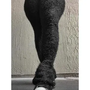 Women's Solid Color Fuzzy Flared Pants High Waist Fashionable Soft Plush Fabric Fit for Autumn Winter Daily Wear Bottoms Faux Leather