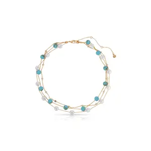 Ettika Dressed in Turquoise & Pearls Necklace with Gold-Tone Beads and Pearls 18k Gold Plated Brass Reconstituted Turquoise Acrylic Pearls Cubic Zirconia 15-16 Inches with 5-Inch Extender Chain Secure Clasp Closure