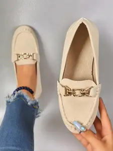 Women's Fashion Slip-On D'orsay Flats, Comfortable Soft Sole PU Leather Shoes, Beige, Anti-Slip Rubber Outsole, Perfect for Daily Wear