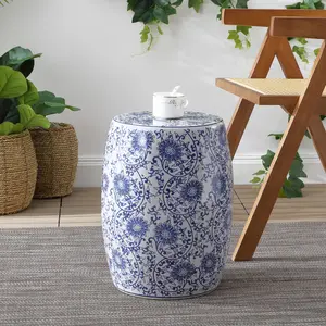 JONATHAN Y Lotus Blossom 17.5" Chinoiserie Ceramic Drum Garden Stool