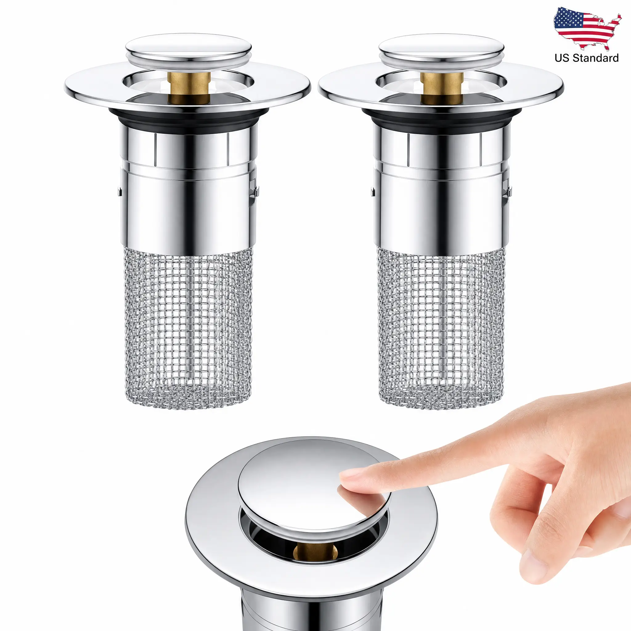 Pop-Up Bathroom Sink Drain Strainer with Removable Stainless Steel Hair Catcher Basket, Universal Fit for US Bathroom Sinks, Bathtubs, Showers & Floor Drains, 2PCS Bathroom Sink Stopper Strainer