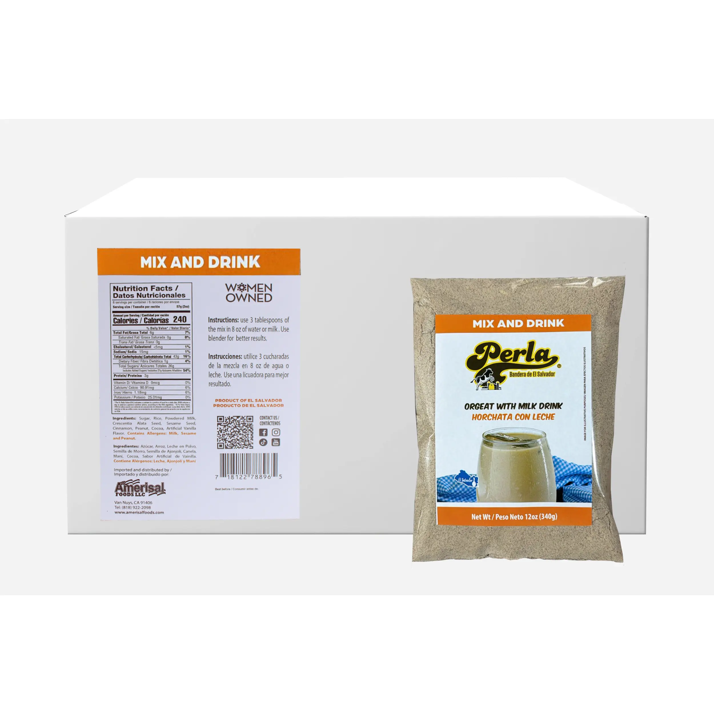 Perla Handcrafted Traditional Ambient Powdered Dairy Orgeat Milk Drink Mix (Horchata con Leche) - Peanut, Sesame, Rice Blend - 12 oz, Case of 20