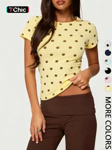 1 Spring Summer Polka Dot Baby Tee Women | Round Neck Slim Fit Cropped Short Sleeve Top | Y2K 90s Retro Preppy Style for Daily Vacation Date Wear