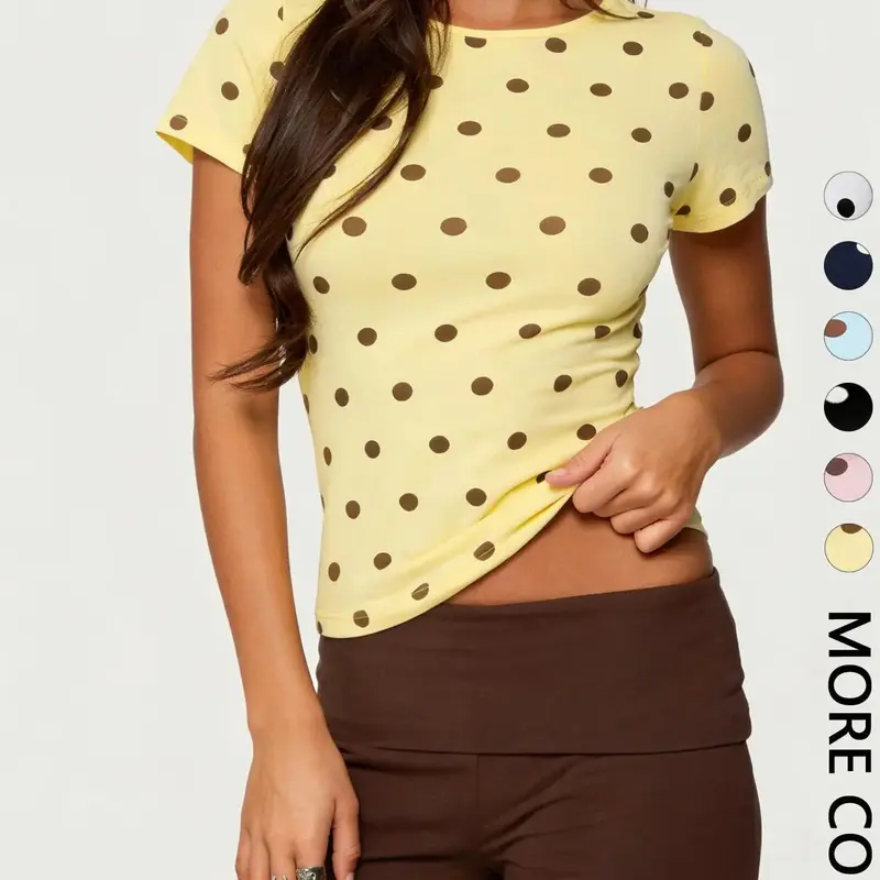 1pc Spring Summer Polka Dot Women's Baby Tee, Casual Trendy Tee, Fashion Trendy Clothes, Round Neck Slim Fit Cropped Short Sleeve Top Womenswear, Y2K 90s Retro Preppy Casual Style for Daily, Vacation & Date Wear